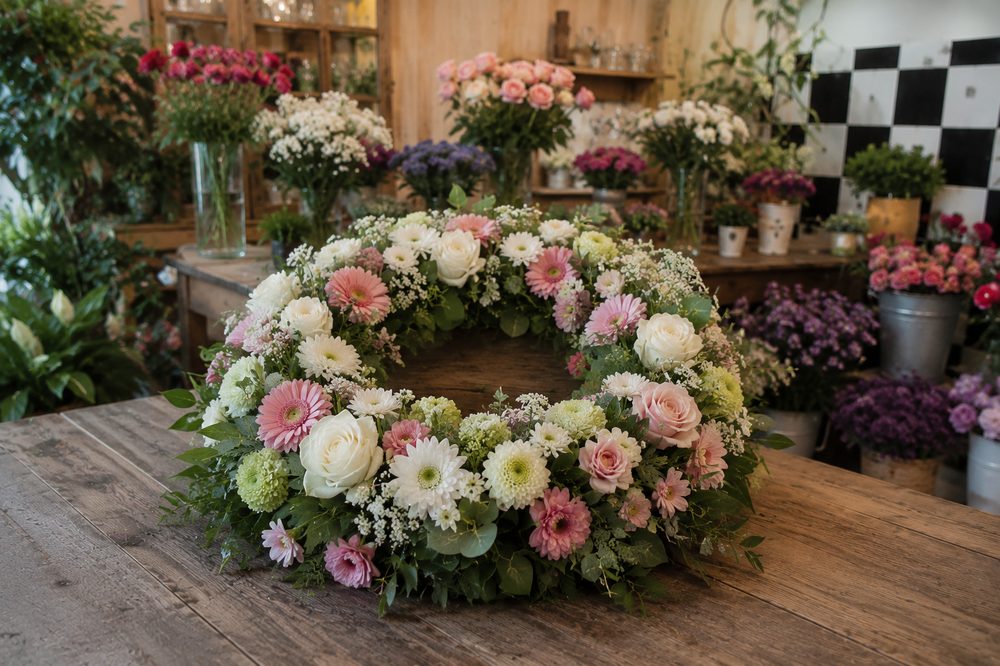 Couronne de fleurs de deuil composée à la main dans l'atelier des Fleurs de Vic à Vic-Fezensac