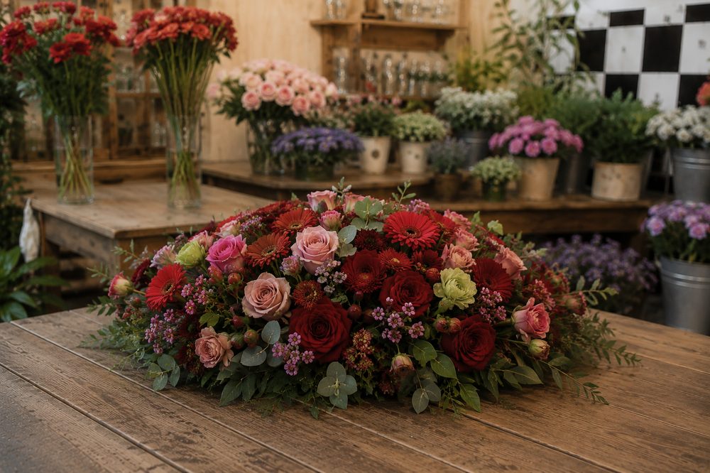 Coussin funéraire fleuri composé par Les Fleurs de Vic, artisan fleuriste à Vic-Fezensac (Gers)