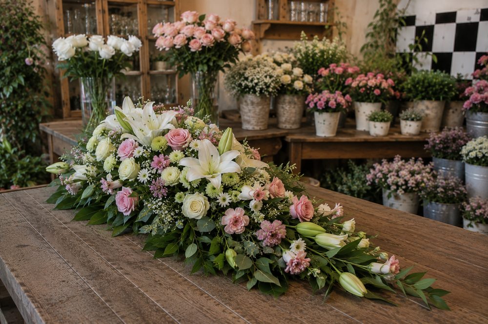 Dessus de cercueil fleuri réalisé par Les Fleurs de Vic, artisan fleuriste à Vic-Fezensac (Gers)
